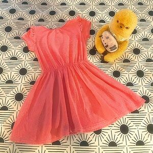 Lovely Girl’s Coral Striped and Ruffled Casual Mini Dress (Sz. 7-8)